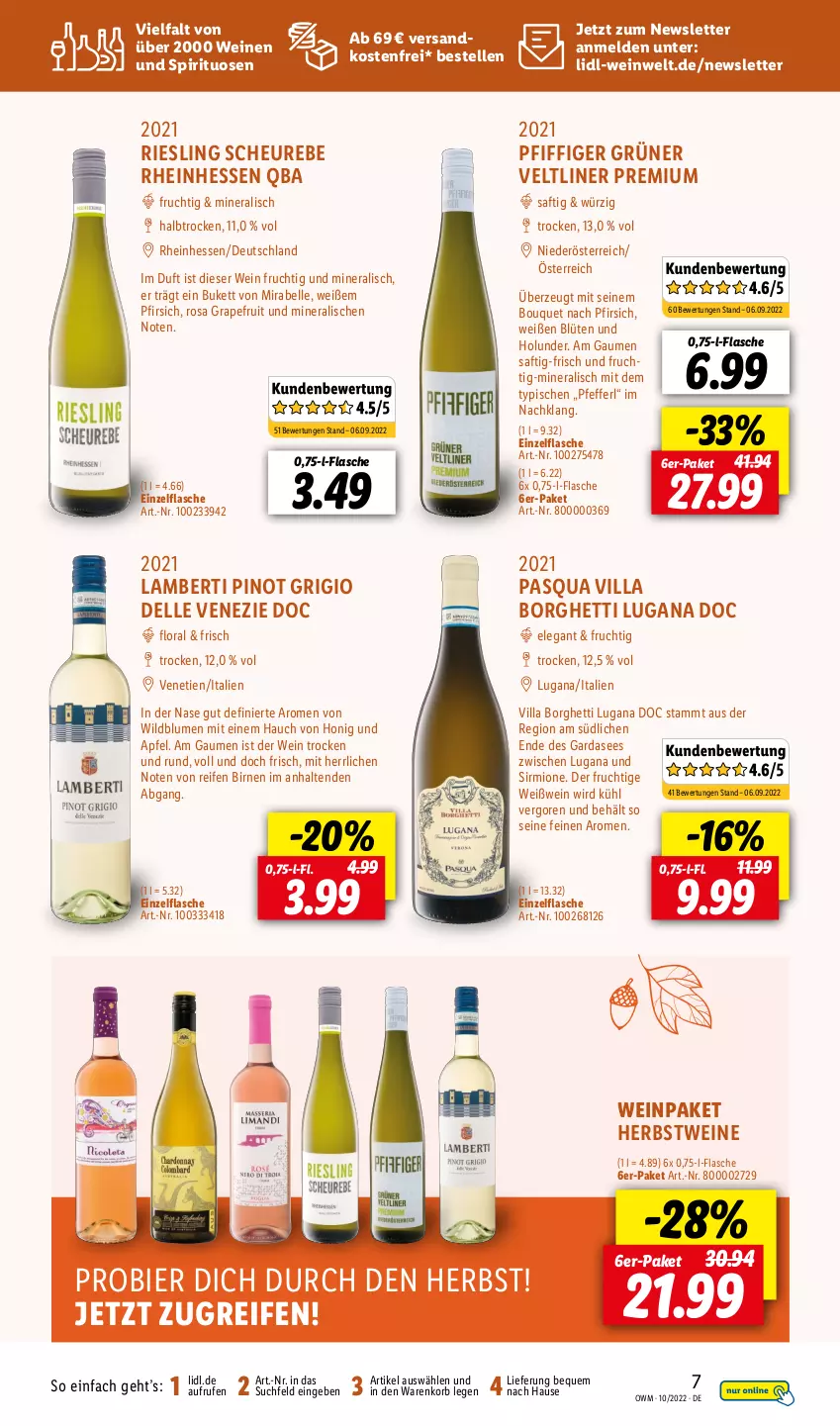 Aktueller Prospekt Lidl - Beste Weine für jeden Anlass - von 01.10 bis 31.10.2022 - strona 7 - produkty: Amber, apfel, bier, Birnen, blume, blumen, Blüte, dell, elle, flasche, frucht, grapefruit, grüner veltliner, Heu, holunder, honig, korb, ndk, pfeffer, pfirsich, Pinot, pinot grigio, reifen, riesling, saft, spirituosen, Ti, versandkostenfrei, wein, weine, Weißwein, Wild