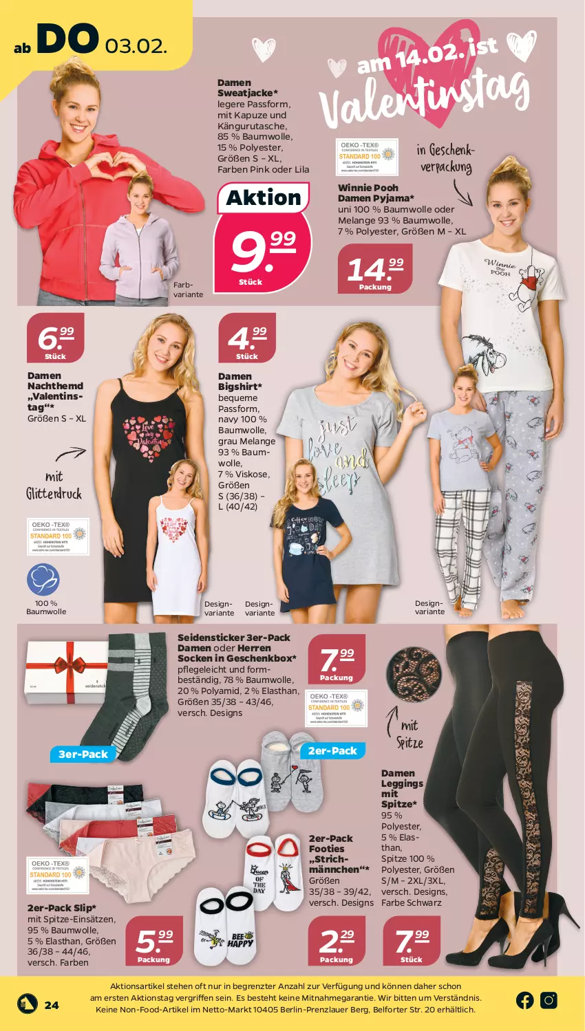 Aktueller Prospekt Netto - Angebote ab Montag - von 31.01 bis 05.02.2022 - strona 24 - produkty: auer, Bau, baumwolle, Elan, Geschenkbox, gin, hemd, Jacke, leggings, Nachthemd, Pyjama, Ria, shirt, slip, socken, sweatjacke, Tasche, Ti, wolle, ZTE