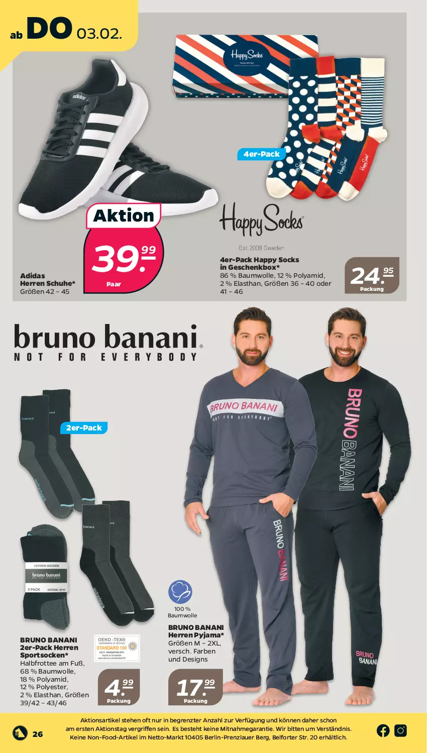 Aktueller Prospekt Netto - Angebote ab Montag - von 31.01 bis 05.02.2022 - strona 26 - produkty: Adidas, auer, Bau, baumwolle, bruno banani, Geschenkbox, Pyjama, schuhe, socken, Sport, sportsocken, tee, Ti, wolle, ZTE