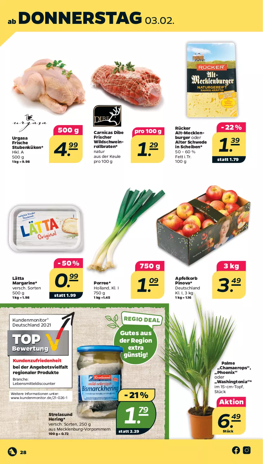 Aktueller Prospekt Netto - Angebote ab Montag - von 31.01 bis 05.02.2022 - strona 28 - produkty: apfel, Arnica, braten, burger, hama, hering, korb, lätta, margarine, monitor, natur, rel, ring, rollbraten, schwein, stube, Ti, topf, wein, Wild, Wildschwein