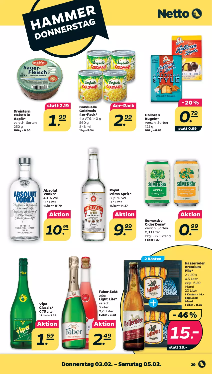 Aktueller Prospekt Netto - Angebote ab Montag - von 31.01 bis 05.02.2022 - strona 29 - produkty: Absolut Vodka, bonduelle, bonduelle goldmais, cider, dreistern, eis, elle, fleisch, Goldmais, hasseröder, Kugel, mais, pils, premium pils, reis, sekt, somersby, Ti, vodka