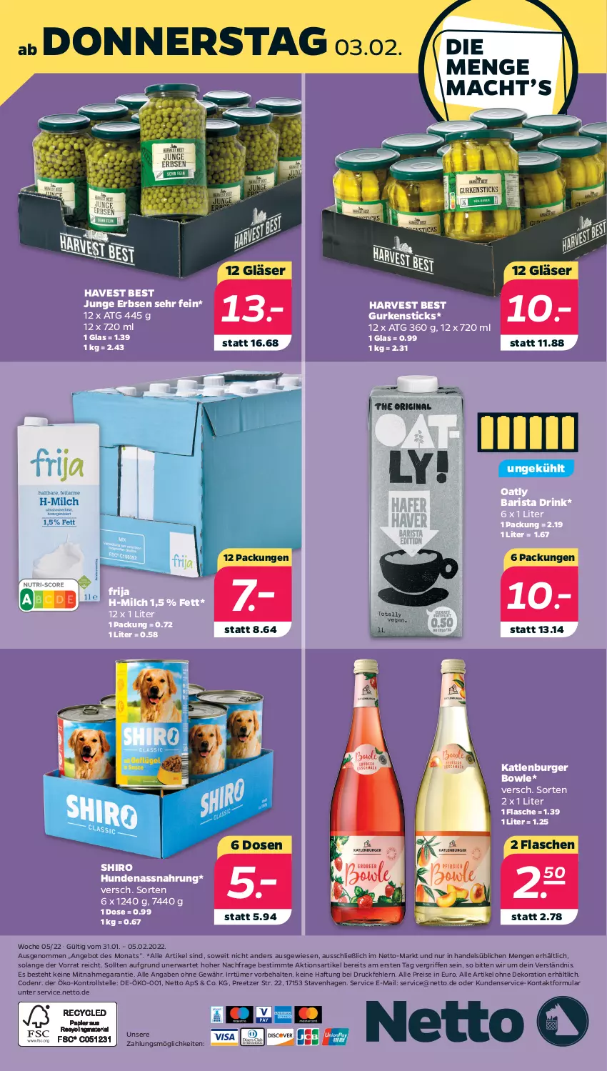 Aktueller Prospekt Netto - Angebote ab Montag - von 31.01 bis 05.02.2022 - strona 32 - produkty: alle artikel ohne dekoration, angebot, bowle, burger, dekoration, drink, eis, elle, erbsen, flasche, Gläser, gurke, gurken, junge erbsen, katlenburger, milch, Nassnahrung, reis, Ti