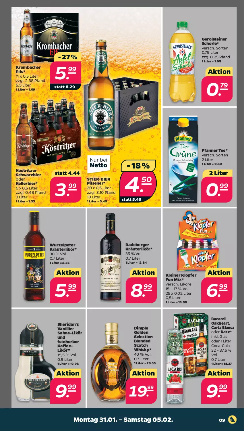 Aktueller Prospekt Netto - Angebote ab Montag - von 31.01 bis 05.02.2022 - strona 9 - produkty: bacardi, Berger, bier, blended scotch, blended scotch whisky, coca-cola, cola, elle, gerolsteine, gerolsteiner, kaffee, kellerbier, kleiner klopfer, köstritzer, kräuter, kräuterlikör, krombache, krombacher, krombacher pils, leine, likör, oakheart, pfanne, Pfanner, pils, pilsener, radeberger, sahne, schorle, scotch, scotch whisky, steiner, Stier, tee, Ti, whisky