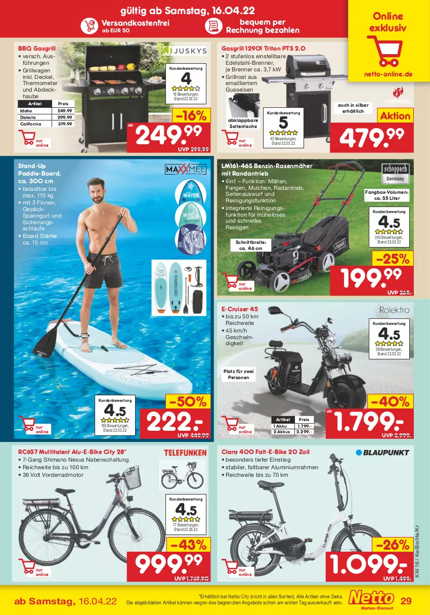 Aktueller Prospekt Netto Marken-Discount - Filial-Angebote - von 19.04 bis 23.04.2022 - strona 29 - produkty: abdeckhaube, akku, angebot, Brei, decke, Deckel, E-Bike, edelstahl, eis, elle, gasgrill, grill, grillrost, ndk, nexus, rasen, rasenmäher, Reinigung, reis, Schal, shimano, thermometer, Ti, tisch, versandkostenfrei, ZTE