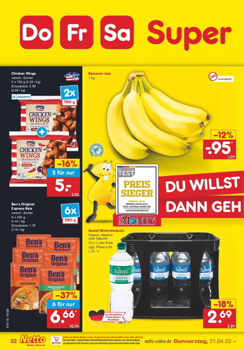 Aktueller Prospekt Netto Marken-Discount - Filial-Angebote - von 19.04 bis 23.04.2022 - strona 32 - produkty: Alwa, asti, banane, bananen, Ben’s Original, chicken wings, eis, gin, mineralwasser, Mineralwasser Classic, natur, ndk, reis, rel, Ti, versandkostenfrei, wasser