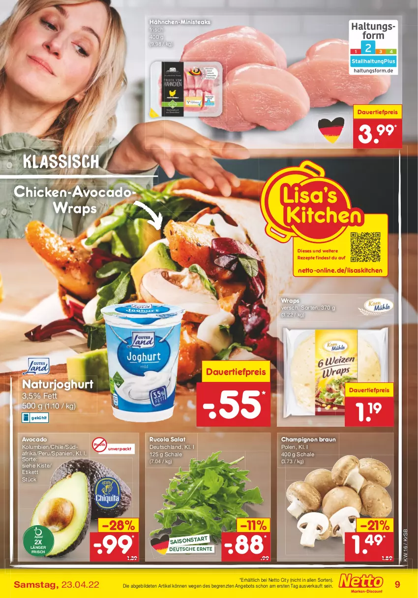 Aktueller Prospekt Netto Marken-Discount - Filial-Angebote - von 19.04 bis 23.04.2022 - strona 9 - produkty: angebot, asti, auer, avocado, braun, champignon, cola, dauertiefpreis, eis, joghur, joghurt, natur, naturjoghurt, reis, rezept, rezepte, rucola, salat, Schal, Schale, steak, steaks, Ti, tiefpreis, wrap, wraps, ZTE