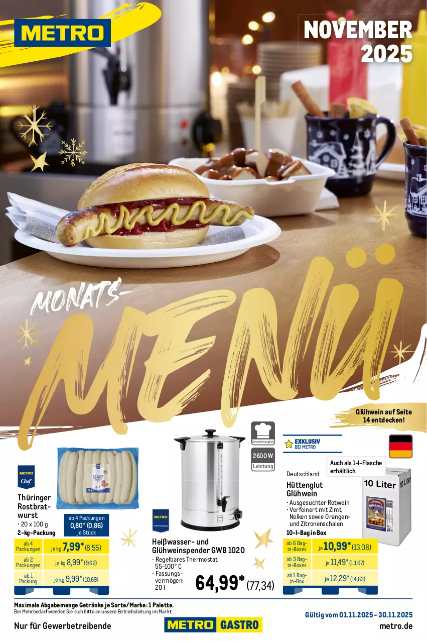 Aktueller Prospekt Metro - Monats-Menü - von 01.11 bis 30.11.2025 - strona 1 - produkty: bratwurst, decke, eis, flasche, getränk, getränke, gin, Glühwein, Metro, orange, orangen, Palette, ring, rostbratwurst, rotwein, Schal, Schale, thermostat, thüringer rostbratwurst, Ti, wasser, wein, wurst, zitrone, zitronen