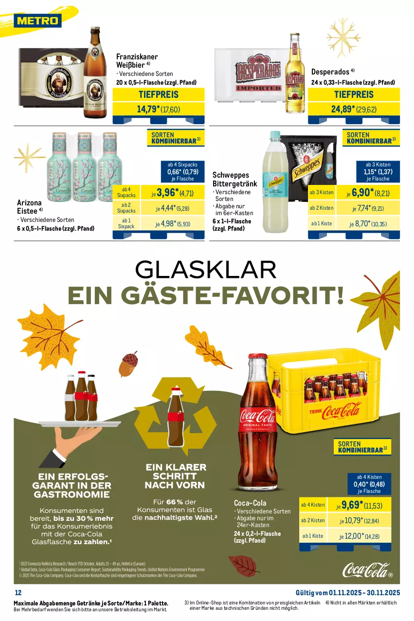 Aktueller Prospekt Metro - Monats-Menü - von 01.11 bis 30.11.2025 - strona 12 - produkty: Amaretto, angebot, bier, coca-cola, cola, cracker, desperados, drink, dry gin, eier, eierlikör, eis, eistee, flasche, frangelico, franziskaner, garnier, getränk, getränke, gin, gordon, haselnuss, Havana Club, jack daniel, likör, london dry, london dry gin, mac, mars, milch, Muskatnuss, nuss, ouzo, ouzo 12, Palette, reis, Ria, rum, sahne, schweppes, tee, Ti, tiefpreis, verpoorten
