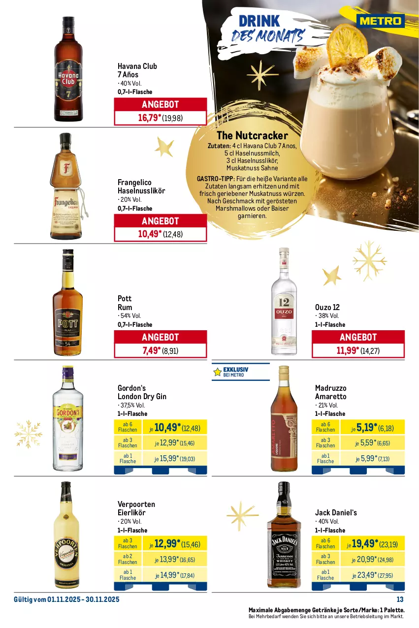 Aktueller Prospekt Metro - Monats-Menü - von 01.11 bis 30.11.2025 - strona 13 - produkty: Amaretto, angebot, bier, coca-cola, cola, cracker, desperados, drink, dry gin, eier, eierlikör, eis, eistee, flasche, frangelico, franziskaner, garnier, getränk, getränke, gin, gordon, haselnuss, Havana Club, jack daniel, likör, london dry, london dry gin, mac, mars, milch, Muskatnuss, nuss, ouzo, ouzo 12, Palette, reis, Ria, rum, sahne, schweppes, tee, Ti, tiefpreis, verpoorten