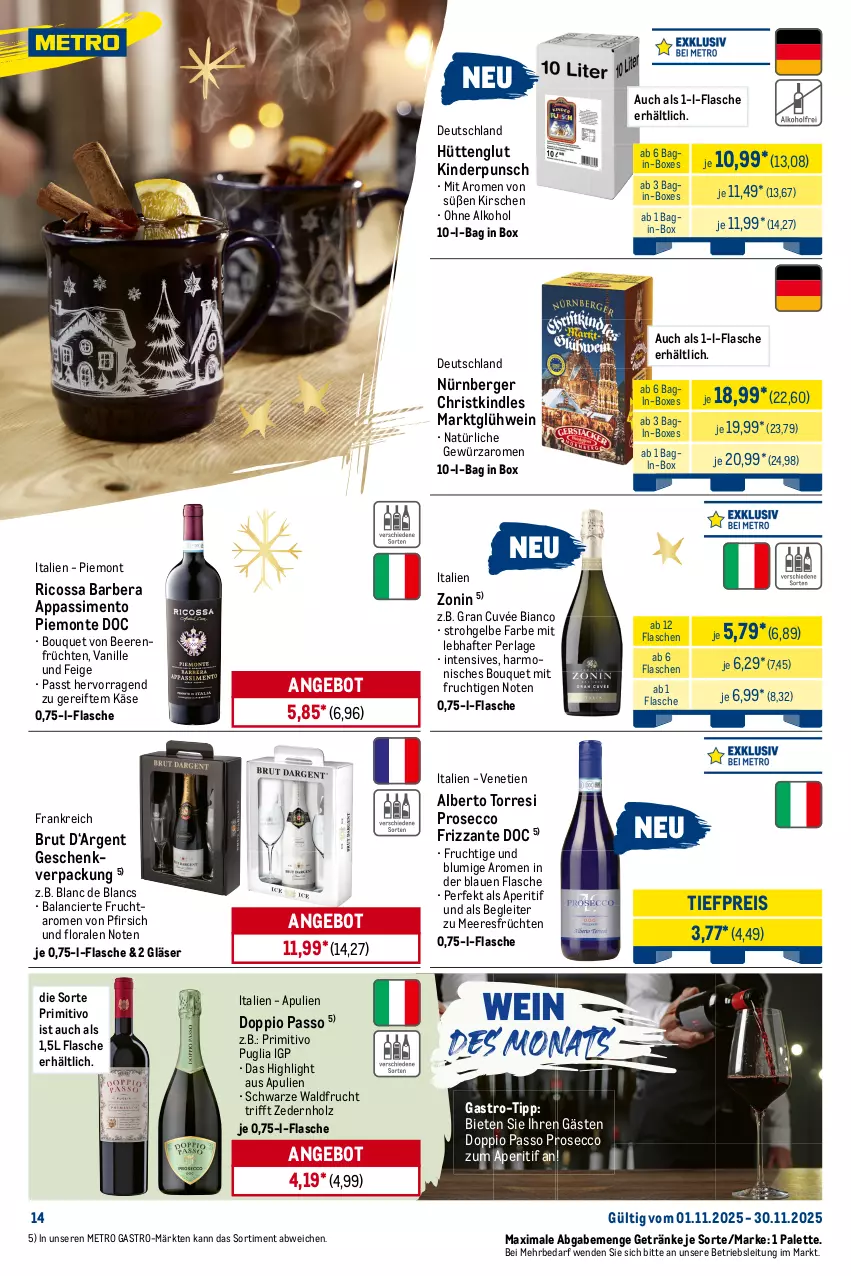 Aktueller Prospekt Metro - Monats-Menü - von 01.11 bis 30.11.2025 - strona 14 - produkty: adapter, alkohol, angebot, aperitif, beere, beeren, Berger, brut, cuvée, de blancs, decke, doppio passo, duni, ecco, eis, flasche, frizzante, frucht, früchte, früchten, getränk, getränke, gewürz, gin, Girlande, Gläser, Glühwein, Holz, Käse, Kinder, Kindle, kirsch, kirsche, kirschen, Kranz, Läufer, meeresfrüchte, Metro, metro gastro, mit frucht, mitteldecke, monte, nürnberger, ohne alkohol, Palette, passo, perla, pfirsich, primitivo, prosecco, reis, Serviette, servietten, sim, Ti, tiefpreis, timer, tisch, tischläufer, tuc, vanille, wein, zonin