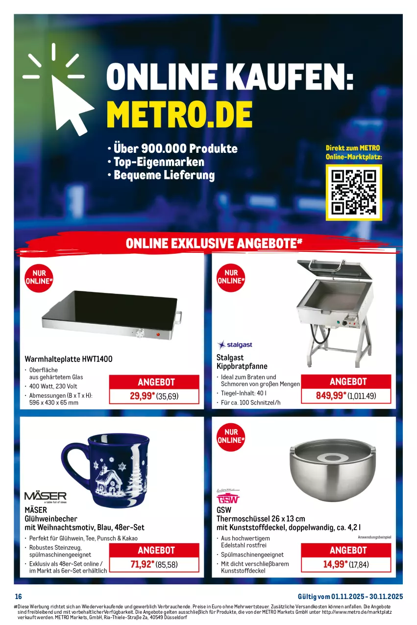 Aktueller Prospekt Metro - Monats-Menü - von 01.11 bis 30.11.2025 - strona 16 - produkty: angebot, angebote, besteck, bratpfanne, edelstahl, eis, elle, erde, gabel, Gasbräter, grill, grillfläche, Holz, holzkohle, LG, Löffel, maille, messer, Metro, metro gastro, ndk, pfanne, Rauch, reis, Ria, rwe, sac, schlauch, suppe, suppen, teller, Ti, tiefpreis, topf