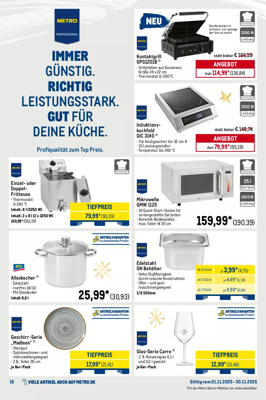 Aktueller Prospekt Metro - Monats-Menü - von 01.11 bis 30.11.2025 - strona 18 - produkty: angebot, auto, Becher, Behälter, beleuchtung, Bodenplatte, decke, Deckel, Desinfektion, edelstahl, eis, elle, Fettlöser, flasche, fritteuse, garraum, geschirr, geschirrspülmittel, Glasdeckel, Glastür, grill, grillplatte, induktionskochfeld, Kocher, kochfeld, kontaktgrill, küche, kühlschrank, latte, Metro, metro gastro, mikrowelle, Ofen, reis, rotwein, Schrank, sonderposten, sprühflasche, spülmaschinen, spülmittel, teller, thermostat, Ti, tiefpreis, tisch, vitrine, wein