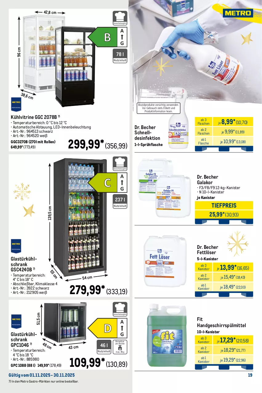 Aktueller Prospekt Metro - Monats-Menü - von 01.11 bis 30.11.2025 - strona 19 - produkty: angebot, auto, Becher, Behälter, beleuchtung, Bodenplatte, decke, Deckel, Desinfektion, edelstahl, eis, elle, Fettlöser, flasche, fritteuse, garraum, geschirr, geschirrspülmittel, Glasdeckel, Glastür, grill, grillplatte, induktionskochfeld, Kocher, kochfeld, kontaktgrill, küche, kühlschrank, latte, Metro, metro gastro, mikrowelle, Ofen, reis, rotwein, Schrank, sonderposten, sprühflasche, spülmaschinen, spülmittel, teller, thermostat, Ti, tiefpreis, tisch, vitrine, wein