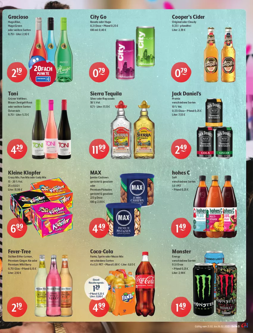 Aktueller Prospekt Getraenke Hoffmann - Prospekte - von 21.02 bis 26.02.2022 - strona 3 - produkty: angebot, angebote, auer, bier, bitter lemon, blauer zweigelt, Cashew, cider, coca-cola, cola, corona, desperados, eis, fanta, fever-tree, flasche, getränk, getränke, gin, ginger, ginger ale, gracioso, grüner veltliner, Guinness, Hohes C, hugo, jack daniel, Jack Daniel’s, jumbo, leine, Mezzo Mix, mojito, monster, Monster Energy, pistazien, reis, rosato, saft, salz, schöfferhofer, Sierra, sierra tequila, sprite, tequila, Ti, Wild, wild berry, Zweigelt