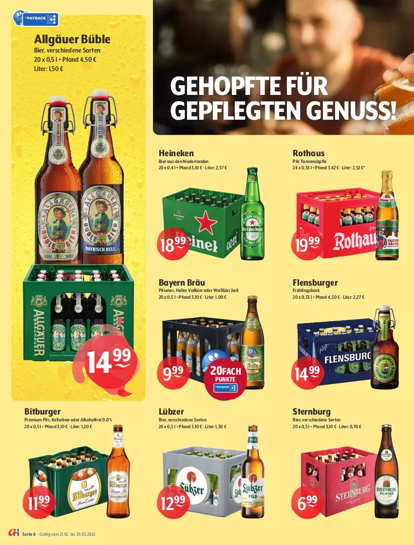 Aktueller Prospekt Getraenke Hoffmann - Prospekte - von 21.02 bis 26.02.2022 - strona 8 - produkty: alkohol, axe, bier, bitburger, burger, eis, elle, flensburger, gin, heineken, kellerbier, LG, Lübzer, mais, malz, nuss, pils, pilsener, premium pils, steiner, Sternburg, Ti, vita, vitamalz, warsteiner, WICK