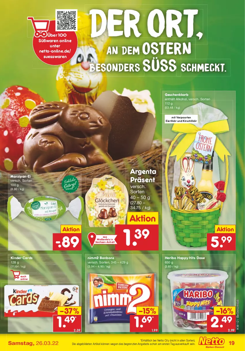 Aktueller Prospekt Netto Marken-Discount - Filial-Angebote - von 21.03 bis 26.03.2022 - strona 19 - produkty: alkohol, angebot, bonbons, eier, eierlikör, haribo, Kinder, kirsch, Kirschlikör, korb, likör, marzipan, nimm2, sac, Ti, verpoorten, ZTE