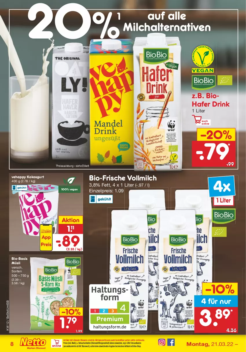 Aktueller Prospekt Netto Marken-Discount - Filial-Angebote - von 21.03 bis 26.03.2022 - strona 8 - produkty: basis müsli, bio, drink, eis, hafer, kokos, milch, müsli, ndk, reis, Ti, versandkostenfrei, vollmilch