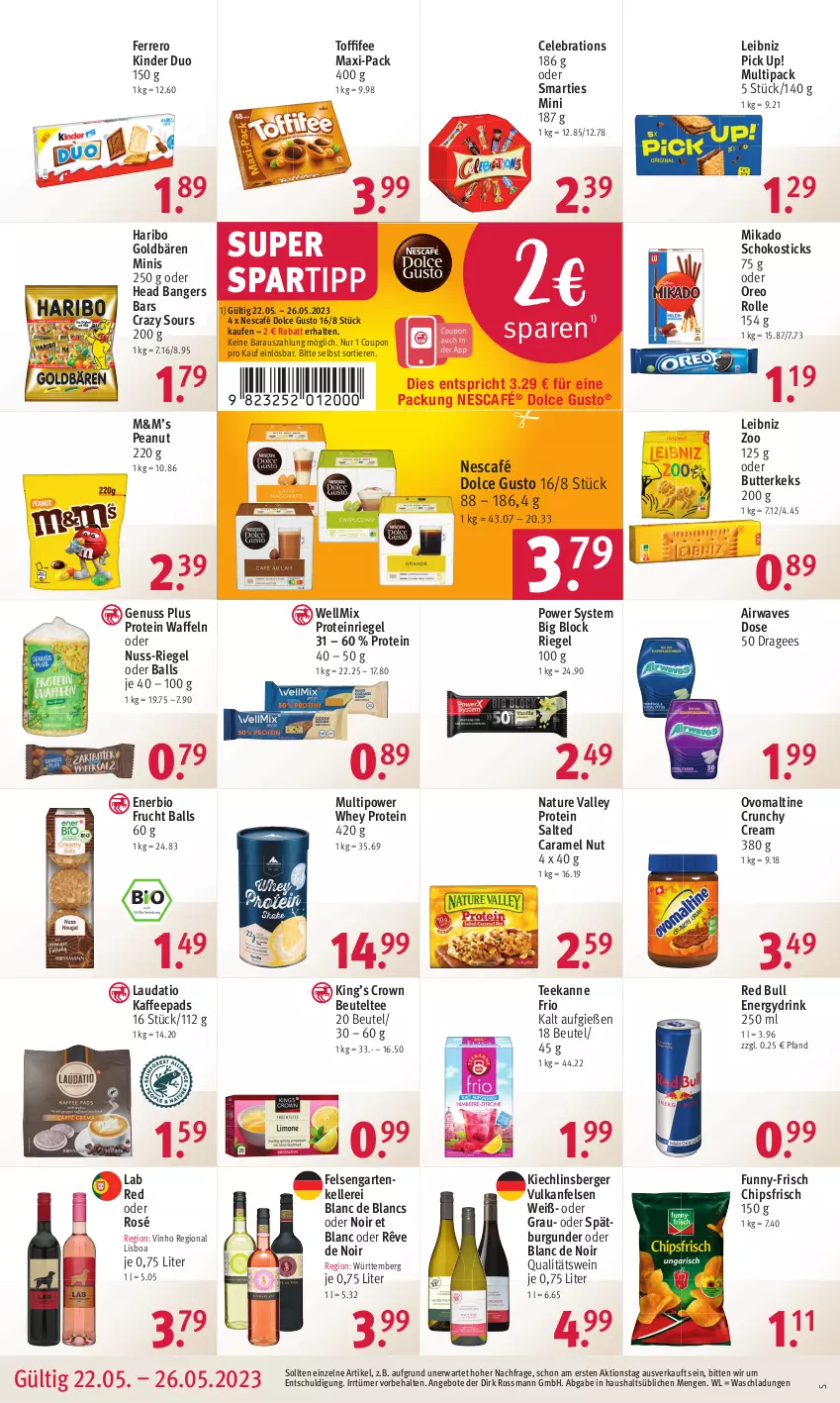 Aktueller Prospekt Rossmann - Prospekte - von 22.05 bis 26.05.2023 - strona 14 - produkty: angebot, angebote, ball, Berger, beutel, bio, burgunder, butter, butterkeks, caramel, chips, chipsfrisch, coupon, de blancs, dolce gusto, drink, elle, ferrero, frucht, funny-frisch, Garten, goldbären, haribo, kaffee, kaffeepads, keks, Kinder, leibniz, mikado, natur, Nescafé, nuss, oreo, ovomaltine, Pick Up!, qualitätswein, red bull, riegel, salomon, schoko, smarties, spartipp, spätburgunder, tee, teekanne, Ti, Tiere, toffifee, waffeln, wein