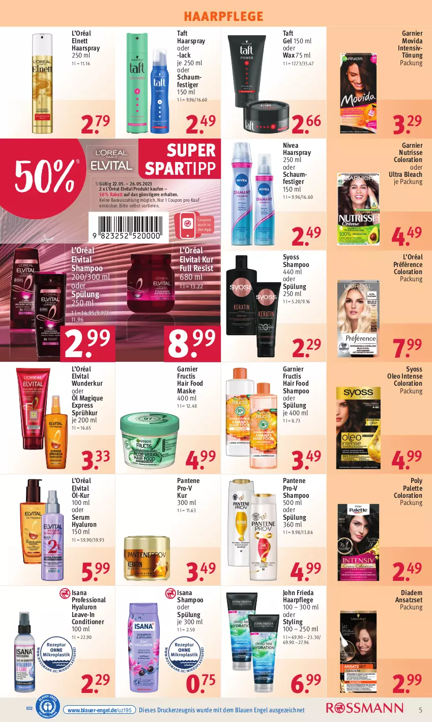 Aktueller Prospekt Rossmann - Prospekte - von 22.05 bis 26.05.2023 - strona 7 - produkty: auer, coupon, diadem, drucker, elnett, elvital, Engel, fructis, garnier, haarpflege, haarspray, hyaluron, Intensivtönung, isana, kerze, lack, Maske, nivea, Nutrisse, oder schaumfestiger, Palette, pantene, pantene pro-v, pro-v, rum, sana, schaumfestiger, Serum, shampoo, shampoo oder spülung, spartipp, spülung, syoss, Taft, Ti, Tiere, vita, Yo