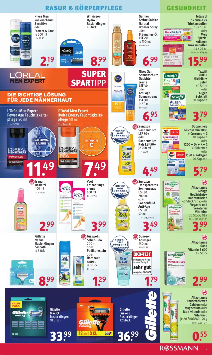 Aktueller Prospekt Rossmann - Prospekte - von 22.05 bis 26.05.2023 - strona 9 - produkty: Altapharma, Ambre Solaire, brause, Brausetabletten, Calcium, creme, deo, doppelherz, ente, feuchtigkeitspflege, fusion5, Fusswohl, garnier, Gesichtscreme, Gesundheit, gillette, gillette venus, gin, Glucosamin, Hornhautraspel, hyaluron, isana, Kollagen, körperpflege, kraft, mac, mach3, magnesium, Merz Spezial, milch, natur, natura, nivea, Nivea Men, nivea sun, Rasierklinge, rasierklingen, Rasierschaum, sana, Sehkraft, sonnencreme, sonnenmilch, sonnenschutz, sonnenspray, spartipp, Spezi, tablet, tablett, Tablette, Taxofit, Ti, veet, Vegeta, venus, vita, Vitamin C, Vitamine, wilkinson