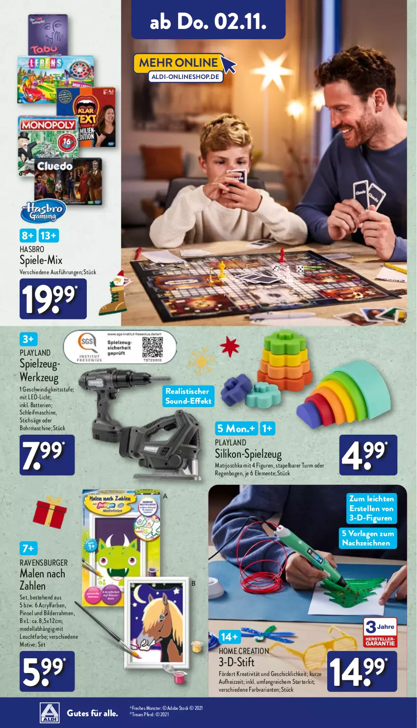 Aktueller Prospekt Aldi Nord - ALDI Vorschau - von 30.10 bis 04.11.2023 - strona 12 - produkty: aldi, batterie, batterien, bilderrahmen, burger, dell, elle, ente, Hasbro, led-licht, Mode, monster, Pinsel, ravensburger, Ria, säge, Spiele, spielzeug, stichsäge, Ti, tisch, werkzeug