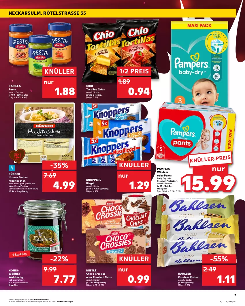 Aktueller Prospekt Kaufland - Spezielle Angebote - von 15.09 bis 21.09.2022 - strona 3 - produkty: angebot, angebote, bahlsen, barilla, bügel, chips, choclait chips, choco crossies, comtess, comtess kuchen, crossies, eis, fleisch, honig, knoppers, kuchen, maultaschen, nestlé, pampers, Pants, pesto, reis, riegel, schwein, schweine, schweinefleisch, Tasche, taschen, Ti, tisch, tortilla, tortillas, wein, weine, windeln, windeln oder pants