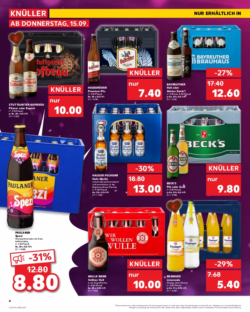 Aktueller Prospekt Kaufland - Spezielle Angebote - von 15.09 bis 21.09.2022 - strona 4 - produkty: angebot, beck's, bier, Biere, bügel, bügelflasche, cola, flasche, hacker pschorr, hasseröder, Hefe, limo, limonade, natur, orange, orangen, Paula, paulaner, pils, pilsner, premium pils, Spezi, Ti, tisch, WICK, zitrone, ZTE