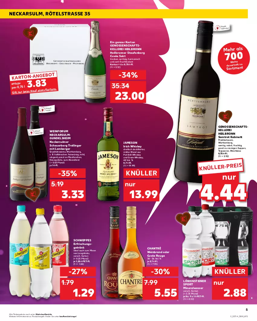 Aktueller Prospekt Kaufland - Spezielle Angebote - von 15.09 bis 21.09.2022 - strona 5 - produkty: Alwa, angebot, angebote, auer, Berger, Bronner, brot, chantré, cuvée, drink, drinks, eis, elle, erfrischungsgetränk, frucht, getränk, Heu, irish whiskey, jameson, kabinett, Käse, maultaschen, mineralwasser, qualitätswein, qualitätsweine, rotwein, rouge, rum, schweppes, sekt, Sport, steiner, suppe, suppen, Tasche, taschen, teigwaren, Ti, trolli, trollinger, wasser, weichkäse, wein, weinbrand, weine, whiskey