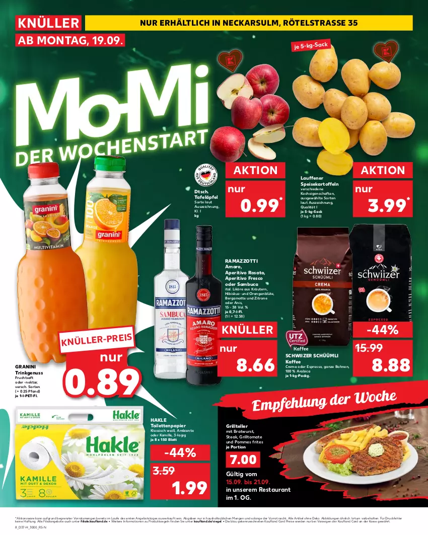 Aktueller Prospekt Kaufland - Spezielle Angebote - von 15.09 bis 21.09.2022 - strona 8 - produkty: amaro, angebot, angebote, aperitivo rosato, Bergamotte, Blüte, bohne, bohnen, bratwurst, eis, elle, ente, erde, espresso, frucht, fruchtsaft, granini, grill, Grillteller, hakle, hakle toilettenpapier, kaffee, Kamill, kamille, kartoffel, kartoffeln, kräuter, kräutern, likör, Nektar, nuss, oder espresso, orange, orangen, papier, pommes, Pommes Frites, rama, ramazzott, ramazzotti, reis, rosato, sac, saft, sambuca, speisekartoffeln, steak, tafeläpfel, teller, Ti, toilettenpapier, tomate, wurst, zitrone, zott, ZTE