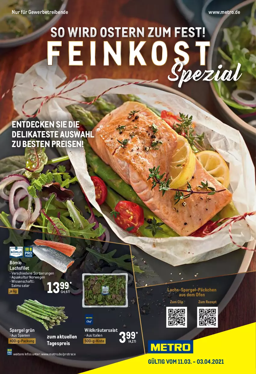 Aktueller Prospekt Metro - Feinkost Spezial - von 11.03 bis 03.04.2021 - strona 1 - produkty: aqua, decke, eis, elle, feinkost, filet, kräuter, lachs, lachsfilet, Metro, Ofen, reis, rezept, rwe, salat, spargel, spargel grün, Ti, Wild