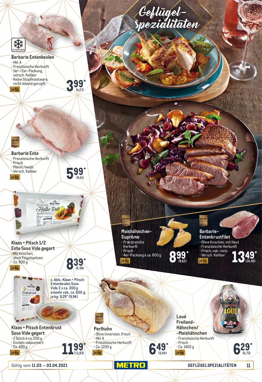 Aktueller Prospekt Metro - Feinkost Spezial - von 11.03 bis 03.04.2021 - strona 11 - produkty: brustfilet, ente, Entenbrust, Entenkeule, filet, Geflügel, mais, Spezi, Ti, topf