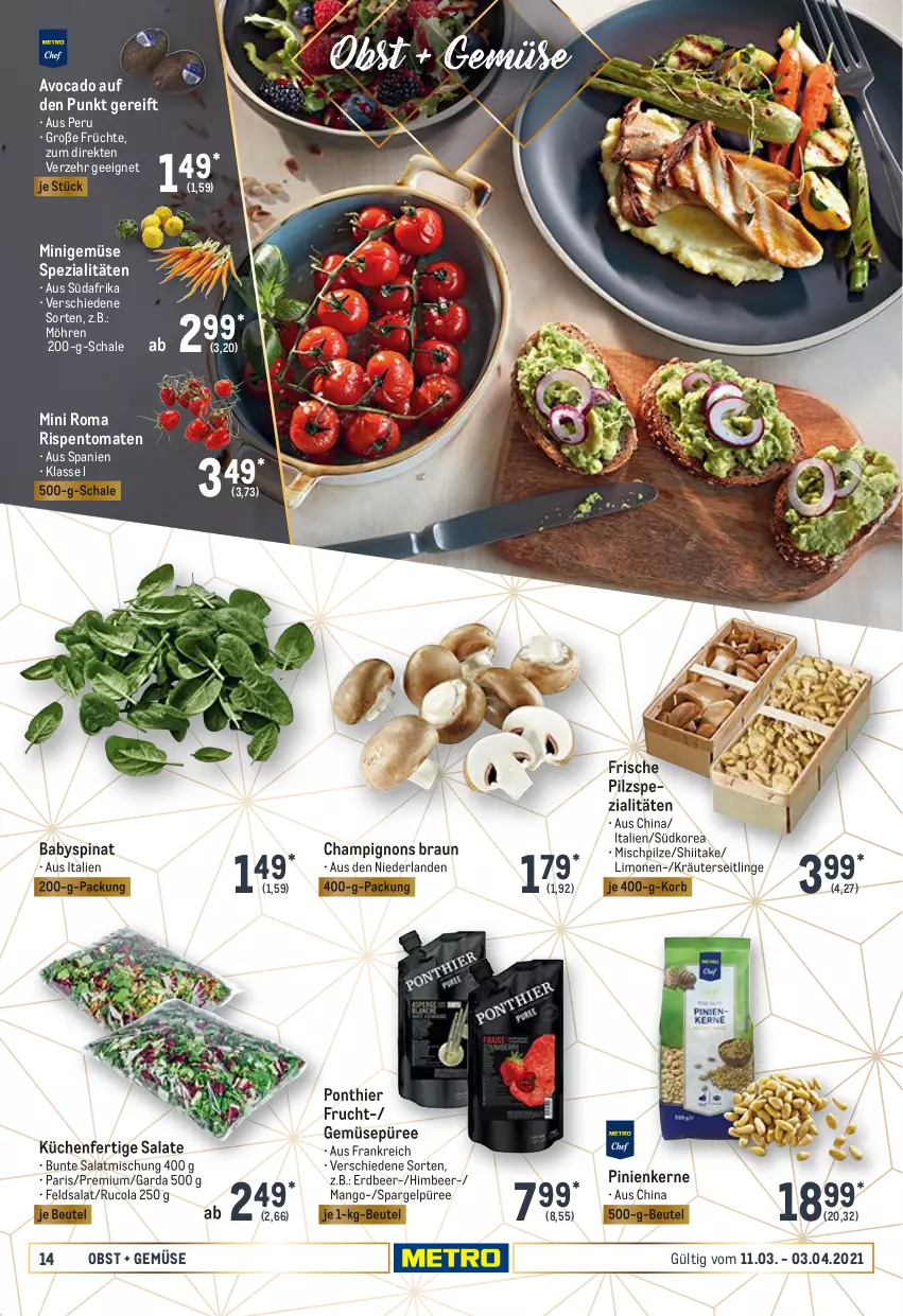 Aktueller Prospekt Metro - Feinkost Spezial - von 11.03 bis 03.04.2021 - strona 14 - produkty: avocado, Babyspinat, beutel, braun, champignon, champignons, champignons braun, cola, feldsalat, frucht, früchte, himbeer, HP, korb, kräuter, Kräuterseitlinge, küche, Küchen, limo, limonen, mango, möhren, obst, pilze, pinienkerne, püree, rispentomaten, rucola, salat, salate, Schal, Schale, spargel, Spezi, spinat, tee, Ti, tomate, tomaten