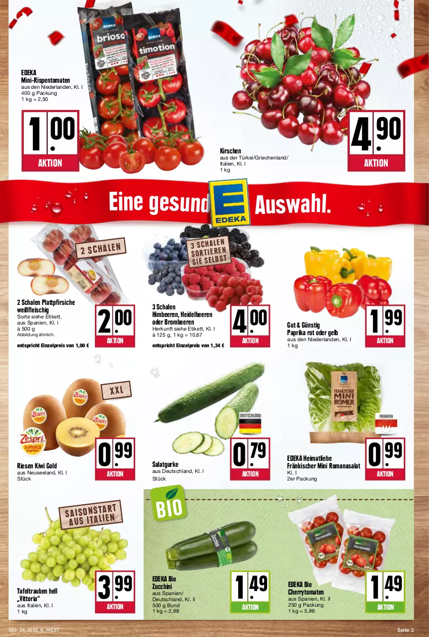 Aktueller Prospekt Kupsch - Angebote der Woche - von 13.06 bis 18.06.2022 - strona 3 - produkty: beere, beeren, bio, brombeere, brombeeren, cherrytomaten, deka, edeka bio, eis, Elan, fleisch, gurke, heidelbeere, heidelbeeren, himbeer, himbeere, himbeeren, kirsch, kirsche, kirschen, kiwi, Kiwi Gold, mini-rispentomaten, paprika, paprika rot, pfirsich, pfirsiche, plattpfirsiche, reis, Ria, rispentomaten, Romanasalat, salat, Salatgurke, Schal, Schale, tafeltrauben, Ti, Tiere, tomate, tomaten, trauben, zucchini