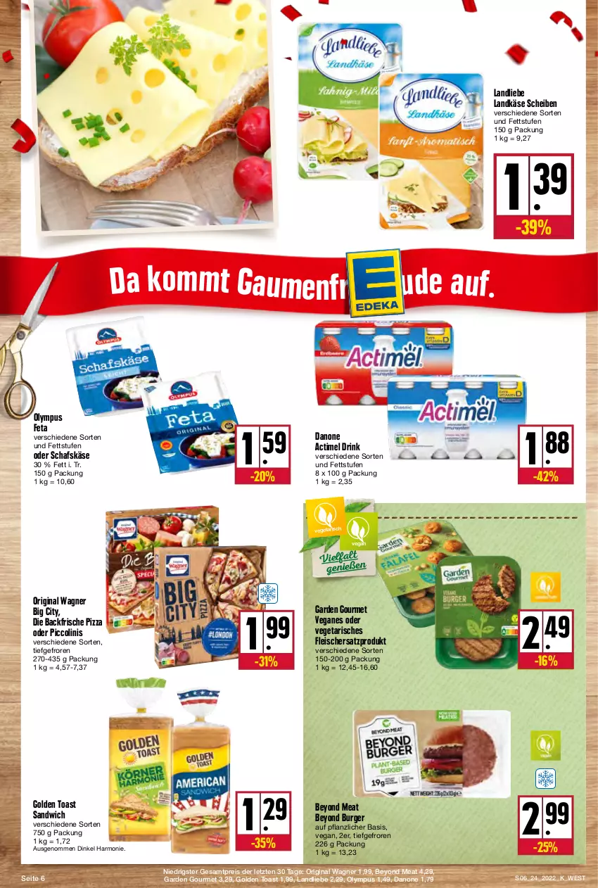 Aktueller Prospekt Kupsch - Angebote der Woche - von 13.06 bis 18.06.2022 - strona 6 - produkty: actimel, actimel drink, burger, danone, danone actimel drink, drink, eis, feta, fleisch, garden gourmet, gin, golden toast, Käse, landkäse, landliebe, ndk, oder piccolinis, original wagner, piccolinis, pizza, reis, sandwich, schafskäse, Ti, toast, Vegeta, wagner, Yo, ZTE