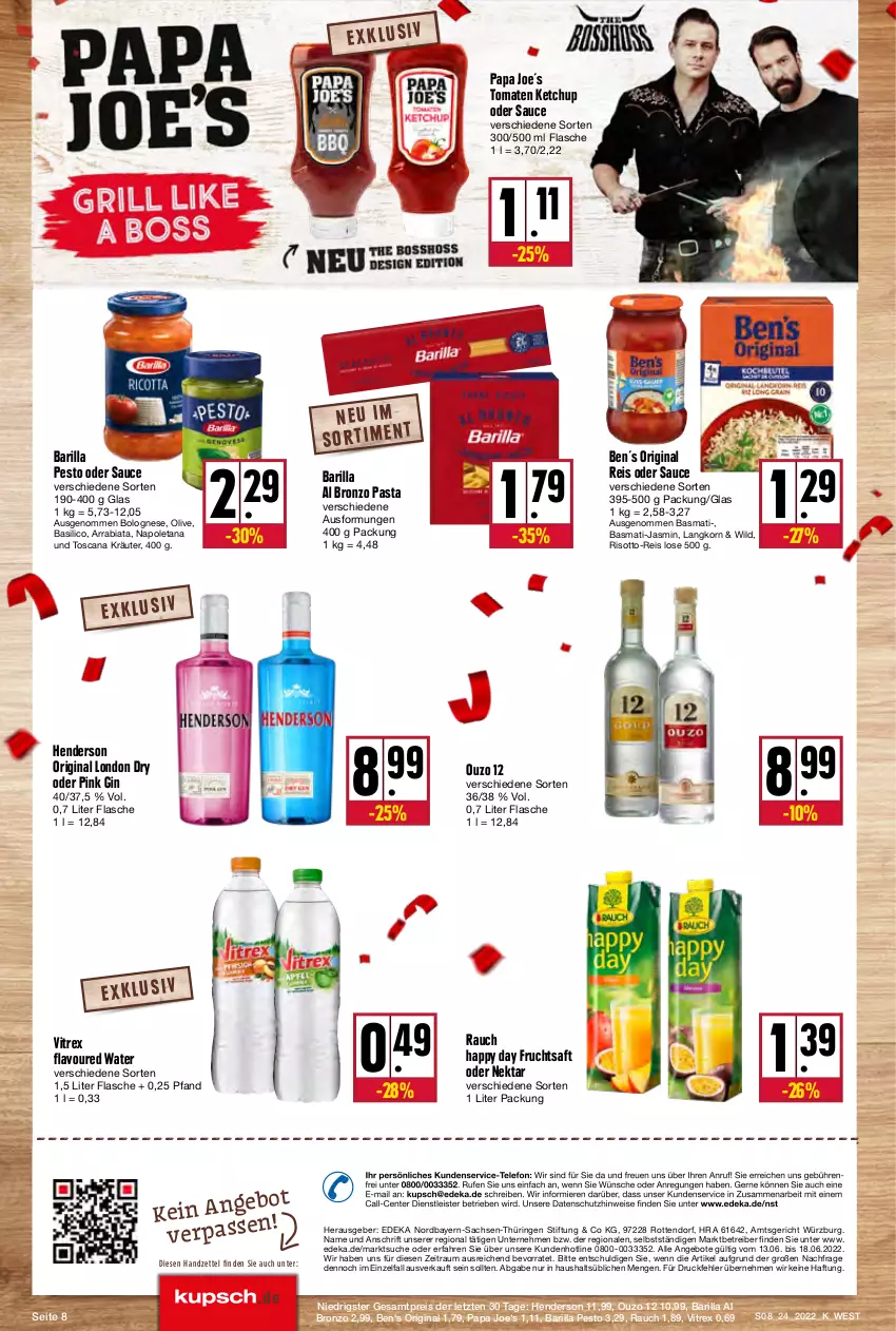 Aktueller Prospekt Kupsch - Angebote der Woche - von 13.06 bis 18.06.2022 - strona 8 - produkty: angebot, angebote, Astra, barilla, basilico, basmati, bolognese, deka, eis, enders, ente, flasche, frucht, fruchtsaft, gin, Happy Day, ketchup, korn, kräuter, london dry, Nektar, olive, ouzo, ouzo 12, pasta, pesto, Rauch, reis, ring, risotto, sac, saft, sauce, telefon, Ti, tomate, tomaten, tomaten ketchup, vitrex, Wild, ZTE