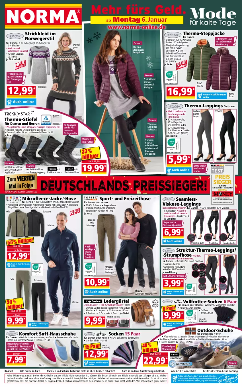 Aktueller Prospekt Norma - Norma - von 06.01 bis 13.01.2024 - strona 1 - produkty: asti, Bau, baumwolle, Bebe, beere, braun, Brei, dell, eis, Elan, elle, Frottee-Socken, gin, Hausschuhe, hose, Hylo, Jacke, kleid, Kuschelweich, leggings, LG, mab, Mode, ndk, reifen, reis, reiss, Ria, rum, rwe, schuhe, socken, Spiele, Sport, Steppjacke, Strickkleid, Strumpfhose, Tasche, taschen, tee, Thermoleggings, Ti, Tipi, tisch, wolle