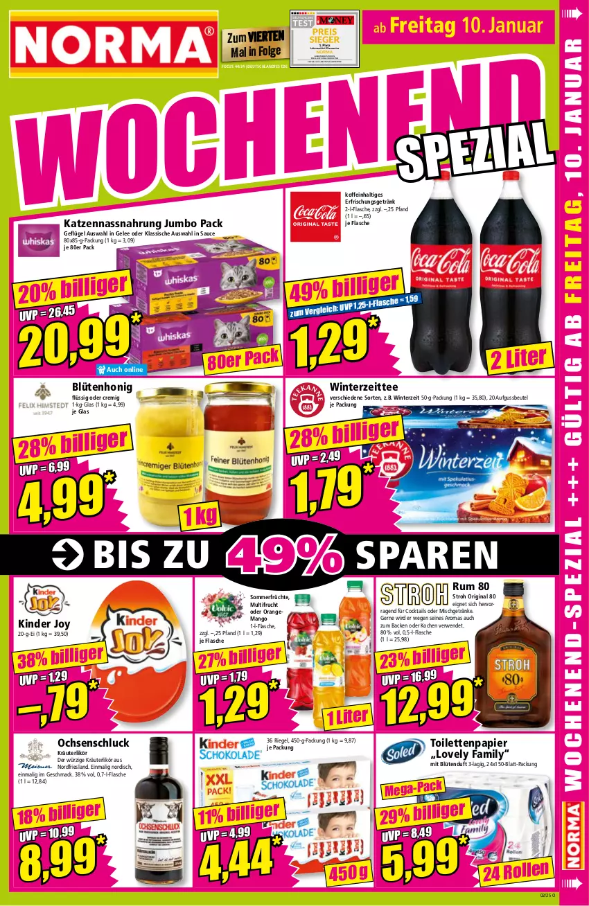 Aktueller Prospekt Norma - Norma - von 06.01 bis 13.01.2024 - strona 17 - produkty: beutel, Blüte, blütenhonig, cocktail, cocktails, erfrischungsgetränk, flasche, frucht, früchte, Geflügel, gelee, getränk, getränke, gin, honig, jumbo, Kinder, kräuter, kräuterlikör, LG, likör, mac, mango, Nassnahrung, orange, papier, riegel, rum, rwe, sauce, tee, Ti, toilettenpapier