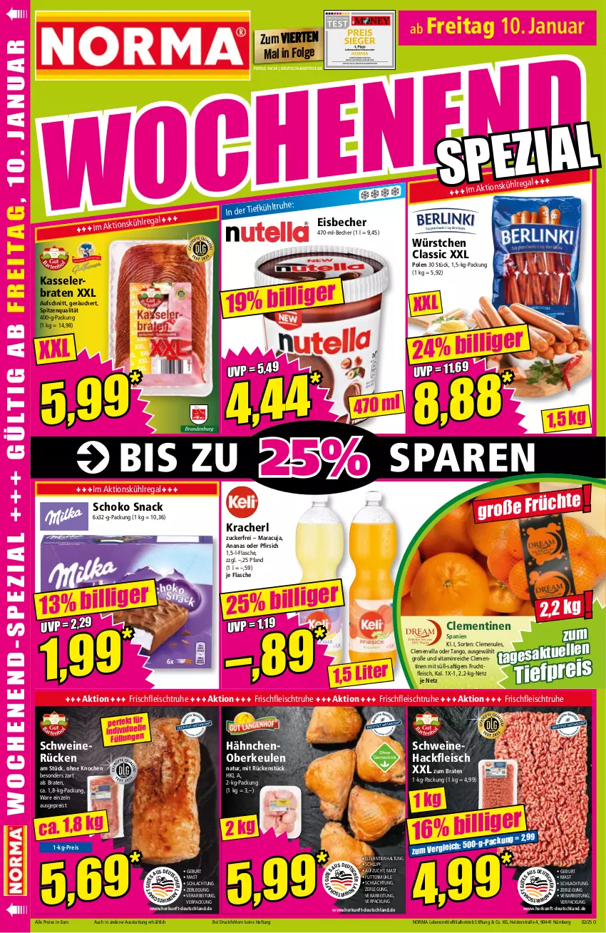 Aktueller Prospekt Norma - Norma - von 06.01 bis 13.01.2024 - strona 18 - produkty: ananas, aufschnitt, Becher, braten, clementinen, eis, eisbecher, flasche, fleisch, frucht, fruchtfleisch, hackfleisch, kasseler, Kasselerbraten, kracher, kühlregal, lebensmittel, LG, maracuja, natur, pfirsich, regal, reis, saft, schoko, schwein, schweine, Schweinehackfleisch, schweinerücken, snack, spitzenqualität, Ti, tiefpreis, vita, wein, weine, würstchen, zucker