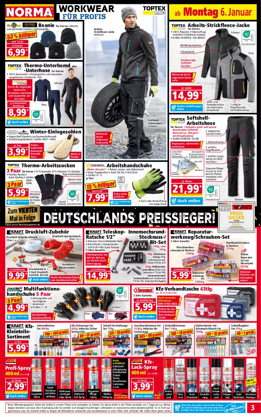 Aktueller Prospekt Norma - Norma - von 06.01 bis 13.01.2024 - strona 3 - produkty: abis, Arbeitssocken, arla, asti, auto, Bau, baumwolle, Beanie, Bebe, Brille, dell, Draht, edelstahl, eis, elle, ente, felgen, Finish, Garten, gartenschlauch, gin, handschuhe, hella, hemd, hose, Jacke, Kette, kraft, lack, lack matt, LG, mac, Mode, ndk, nuss, Pflegespray, Pinzette, reiniger, reis, reiss, rel, Ria, rum, rwe, sattel, schlauch, schrauben, Schraubendreher, schuhe, socken, Spiele, Tasche, taschen, tee, Teleskop, Ti, tisch, Unterhemd, wasser, werkzeug, Windschutz, wolle, ZTE