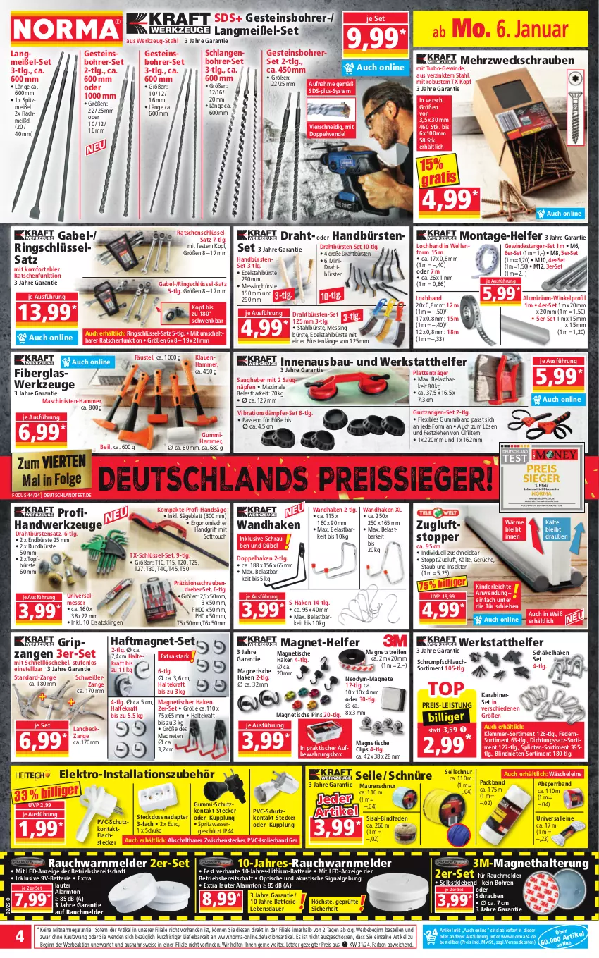 Aktueller Prospekt Norma - Norma - von 06.01 bis 13.01.2024 - strona 4 - produkty: Absperrband, adapter, akku, auer, aufbewahrungsbox, batterie, Bau, Bebe, Bohrer-Set, Bohrerset, Bohrhammer, bürste, bürsten, Draht, edelstahl, eis, Elektro, elle, gabel, gin, Kinder, kraft, lachs, latte, leine, LG, Magnets, Maurerschnur, messer, ndk, Packband, Rauch, reifen, reis, reiss, ring, Ringschlüsselsatz, rum, Rundbürste, säge, Schal, schlauch, schrauben, Schraubendreher, Seilschnur, sekt, Signal, steckdose, Steckdosenadapter, Ti, tisch, topf, topper, usb, wasser, weck, werkzeug, werkzeuge, Zangen, ZTE, Zugluftstopper