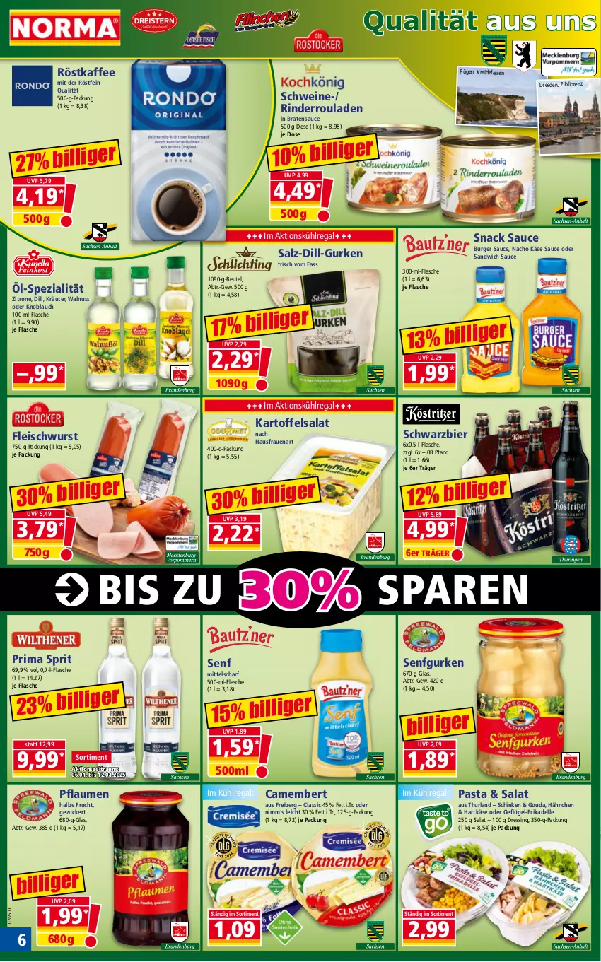 Aktueller Prospekt Norma - Norma - von 06.01 bis 13.01.2024 - strona 6 - produkty: beutel, bier, braten, burger, Burger Sauce, camembert, dell, dressing, eis, elle, flasche, fleisch, fleischwurst, frucht, Geflügel, gouda, gurke, gurken, hartkäse, kaffee, kartoffel, kartoffelsalat, Käse, knoblauch, kräuter, Kreide, kühlregal, lorenz, nacho, nuss, pasta, pflaume, pflaumen, regal, rind, rinder, Rinderroulade, rinderrouladen, röstkaffee, rouladen, salat, salz, sandwich, sauce, schinken, schwein, schweine, senf, snack, Spezi, Ti, walnuss, wein, weine, wurst, zitrone, zucker