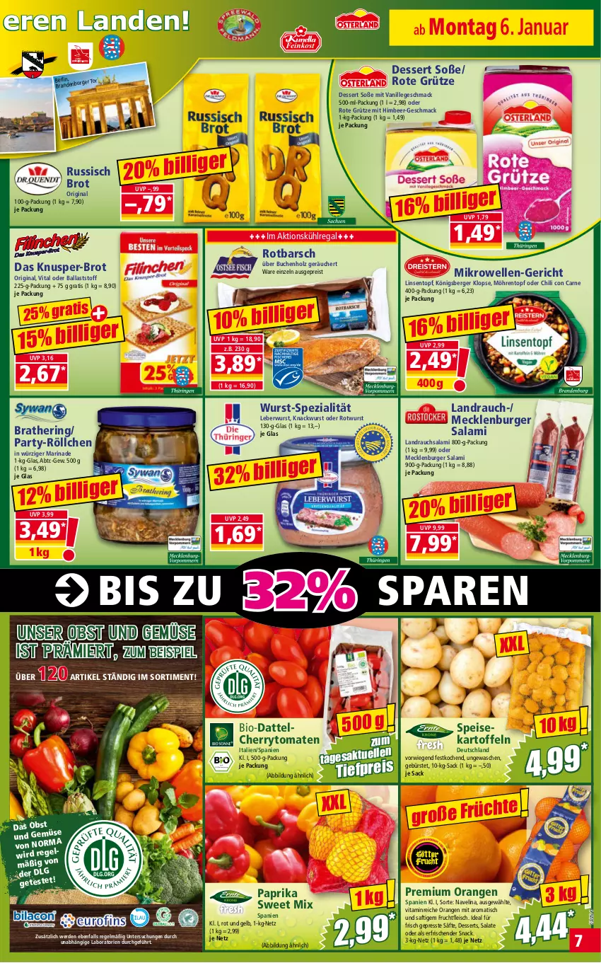 Aktueller Prospekt Norma - Norma - von 06.01 bis 13.01.2024 - strona 7 - produkty: ball, Berger, bio, brot, buch, burger, bürste, cherrytomaten, chili, dessert, desserts, eis, elle, erde, fleisch, frucht, fruchtfleisch, gin, grütze, hering, himbeer, Holz, kartoffel, kartoffeln, Knusper-Brot, Königsberger Klopse, kühlregal, leberwurst, LG, linsen, mac, marinade, mecklenburger salami, mikrowelle, möhren, navelina, obst, Obst und Gemüse, orange, orangen, paprika, Rauch, regal, reis, ring, Rotbarsch, Rote Grütze, Rotwurst, russisch brot, sac, saft, säfte, salami, salat, salate, snack, Soße, speisekartoffeln, Spezi, Ti, tiefpreis, tisch, tomate, tomaten, topf, und gemüse, vanille, vita, wurst