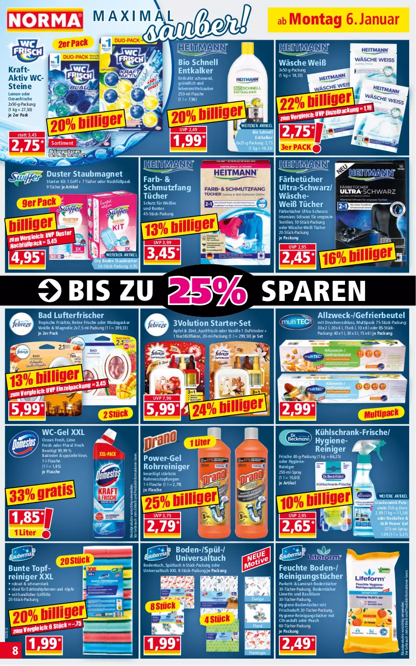 Aktueller Prospekt Norma - Norma - von 06.01 bis 13.01.2024 - strona 8 - produkty: apfel, backofen, Bad, basilikum, beutel, bio, biozidprodukte, Bodentücher, citrus, edelstahl, elle, entkalker, flasche, früchte, gefrierbeutel, glaskeramik, grill, Heu, kraft, kühlschrank, laminat, lebensmittel, limette, lufterfrischer, Mett, Ofen, pfanne, pfannen, power-gel, pril, Rauch, reiniger, Reinigung, reinigungstücher, rwe, Schrank, Spezi, staubmagnet, Ti, topf, tuc, tücher, vanille, wc-gel, weck