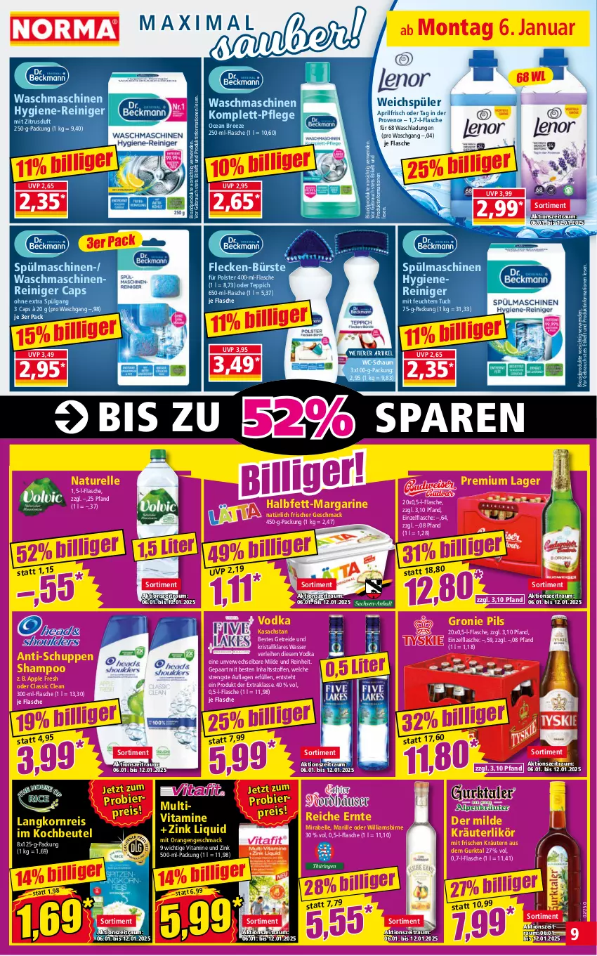 Aktueller Prospekt Norma - Norma - von 06.01 bis 13.01.2024 - strona 9 - produkty: Apple, beutel, bier, bio, biozidprodukte, bree, bürste, Cap, eis, elle, flasche, hygiene-reiniger, kochbeutel, korn, kräuter, kräuterlikör, kräutern, Langkornreis, LG, likör, mac, margarine, maschinenreiniger, natur, orange, orangen, pils, pril, Rauch, reiniger, reis, rel, rwe, sac, shampoo, spülmaschinen, teppich, Ti, tuc, vita, Vitamine, vodka, waschmaschine, waschmaschinen, wasser, weichspüler