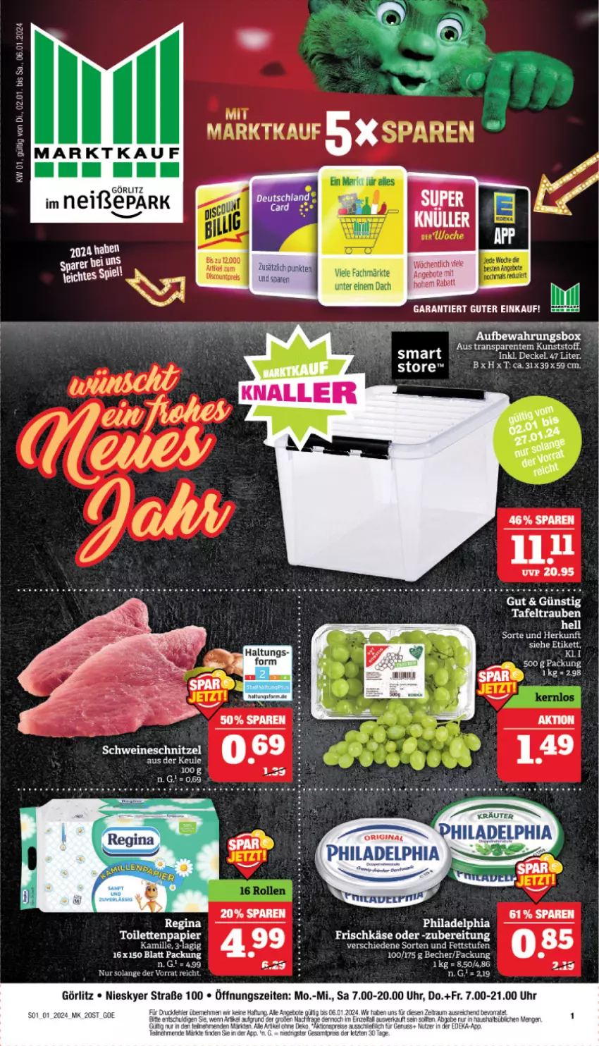 Aktueller Prospekt Marktkauf - Prospekt - von 31.12.2023 bis 06.01.2024 - strona 1 - produkty: angebot, angebote, Becher, ente, frischkäse, gin, Kamill, kamille, Käse, kräuter, LG, papier, philadelphia, schnitzel, schwein, schweine, schweineschnitzel, tafeltrauben, Ti, toilettenpapier, trauben, uhr, wein, weine