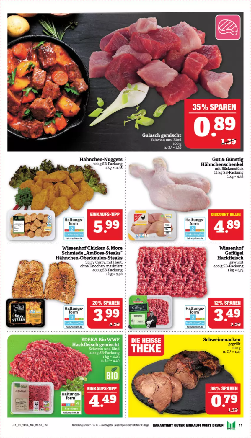 Aktueller Prospekt Marktkauf - Prospekt - von 31.12.2023 bis 06.01.2024 - strona 11 - produkty: bio, boss, curry, deka, edeka bio, eis, fleisch, gewürz, grill, gulasch, hackfleisch, hackfleisch gemischt, Hähnchen-Oberkeulen, hähnchenschenkel, henkel, nuggets, reis, schenkel, schwein, schweine, schweinenacken, steak, steaks, Ti, wein, weine, wiesenhof, ZTE