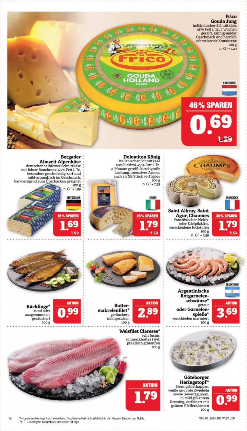 Aktueller Prospekt Marktkauf - Prospekt - von 31.12.2023 bis 06.01.2024 - strona 14 - produkty: albray, Bau, bergader, butter, chaumes, dressing, eis, filet, fisch, frico, frischfisch, garnelen, gewürz, Gewürzgurke, gewürzgurken, gouda, gurke, gurken, halbfester schnittkäse, hering, Herings, holländischer schnittkäse, Käse, kirsch, mac, Makrele, pfeffer, Rauch, reis, rel, ring, Rote Zwiebel, saint albray, salz, schnittkäse, Ti, tisch, Wels, ZTE, zwiebel, zwiebeln