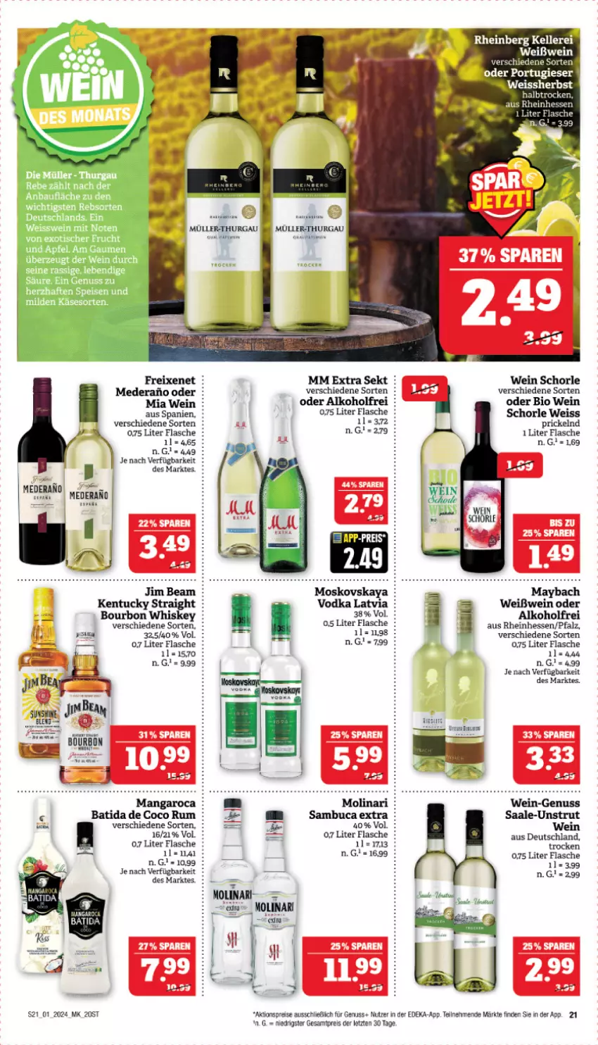 Aktueller Prospekt Marktkauf - Prospekt - von 31.12.2023 bis 06.01.2024 - strona 21 - produkty: ACC, aktionspreis, alkohol, batida, bio, bourbon, deka, eis, flasche, freixenet, Käse, mangaroca, mm extra, Müller, Müller-Thurgau, nuss, reis, rum, schorle, sekt, tee, Ti, wein, ZTE