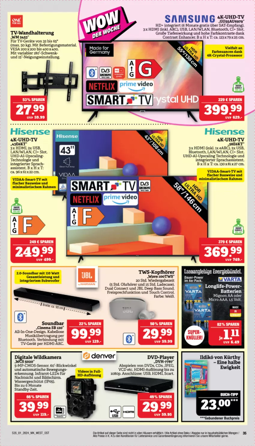 Aktueller Prospekt Marktkauf - Prospekt - von 31.12.2023 bis 06.01.2024 - strona 35 - produkty: auto, Bau, buch, buch-tipp, cin, cmos-sensor, deo, dvd, eis, Germ, HDMI, hisense, HP, jbl, kamera, leds, lieferservice, longlife, Nuance, reis, Ria, Samsung, soundbar, Spiele, Ti, tisch, uhd, UHD-TV, usb, varta, wasser, Wild, Wildkamera, Yo