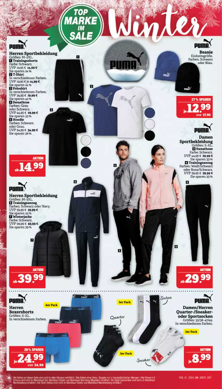 Aktueller Prospekt Marktkauf - Prospekt - von 31.12.2023 bis 06.01.2024 - strona 38 - produkty: Anzug, Beanie, hose, Jacke, kleid, Kleidung, poloshirt, puma, shirt, shorts, sneaker, socken, Sport, sportsocken, Sweathose, T-Shirt